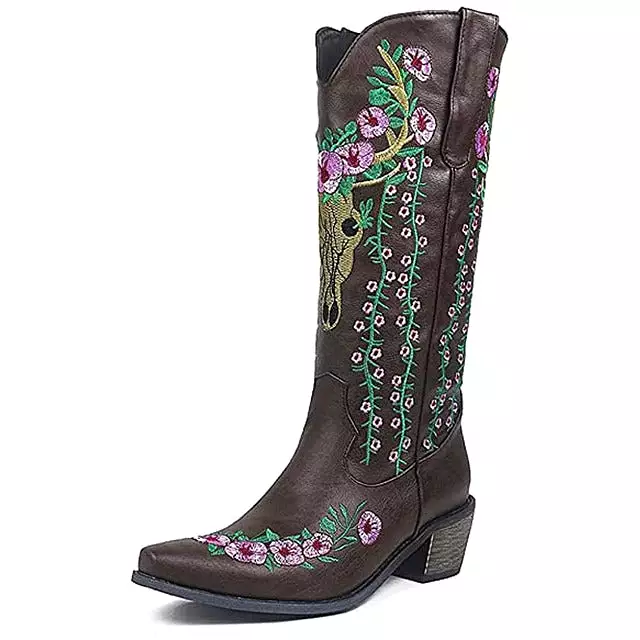 2023 New Cowgirl Boots Western Pointed Toe Chunky Vintgae Wedding Western Mid Calf Boots