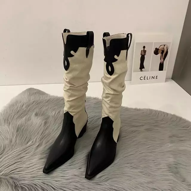 2023 New Western Cowboy Boots Ladies Vintage Pointed Toe Denim Winter Women Knee High Boots Long Slip On Pleated Shoes Female