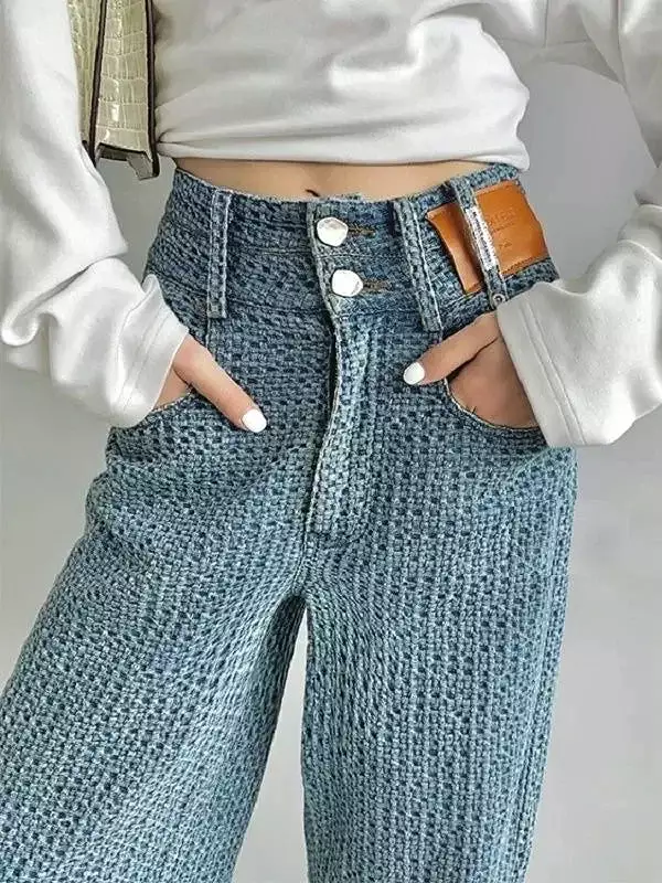 3D Stretch Denim Blue High-waist Woven Denim Wide-leg Pants