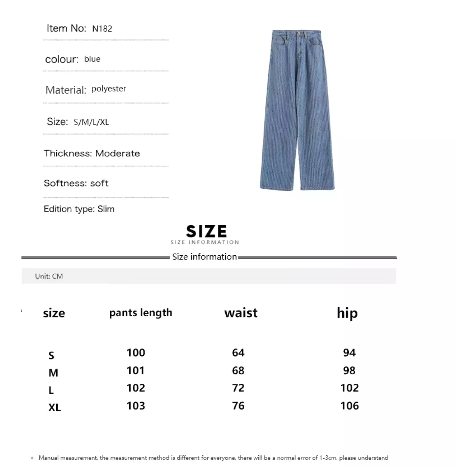 3D Stretch Denim Blue High-waist Woven Denim Wide-leg Pants