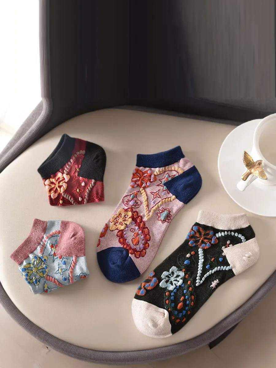 5 Pairs Women Summer Flower Jacquard Short Socks CO1040