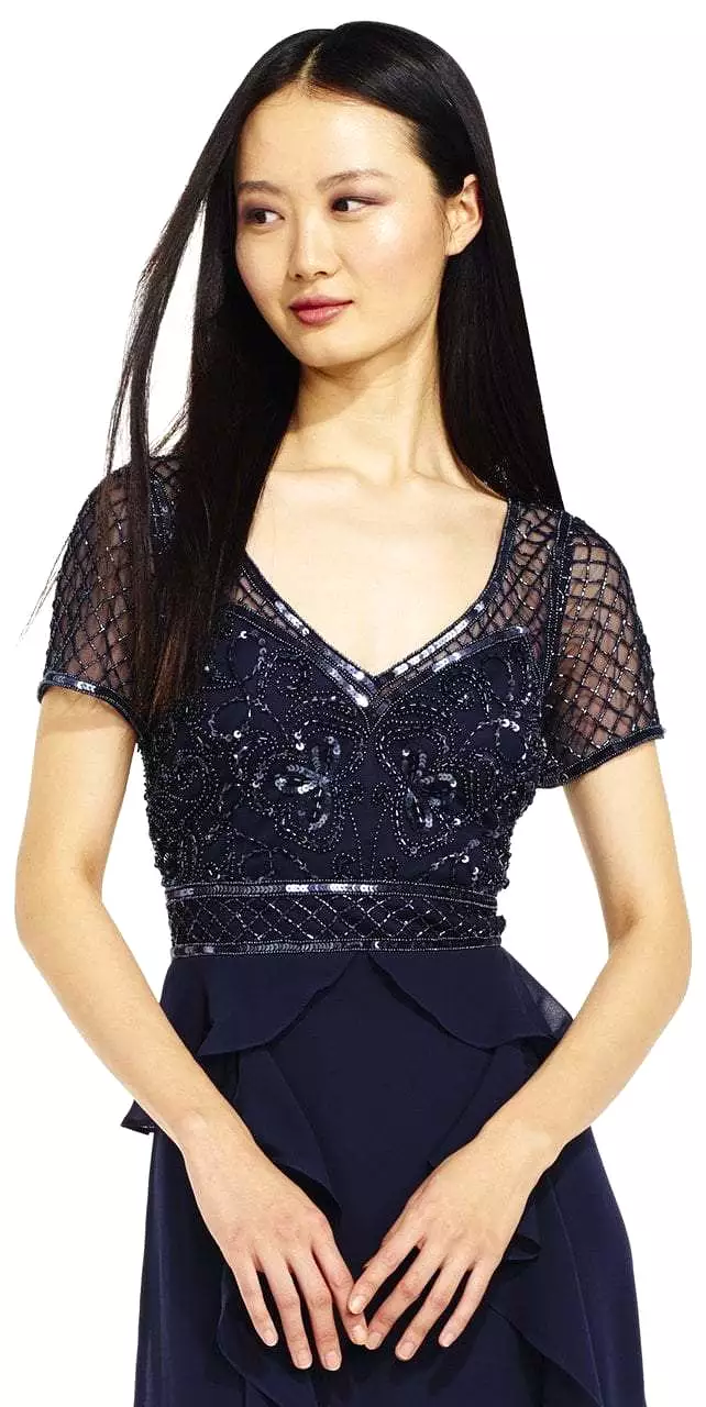 Adrianna Papell - AP1E201086 Bedazzled V-neck A-line Dress