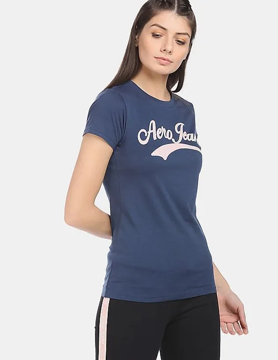 Aeropostale Women Navy Short Sleeve Brand Appliqued T-Shirt