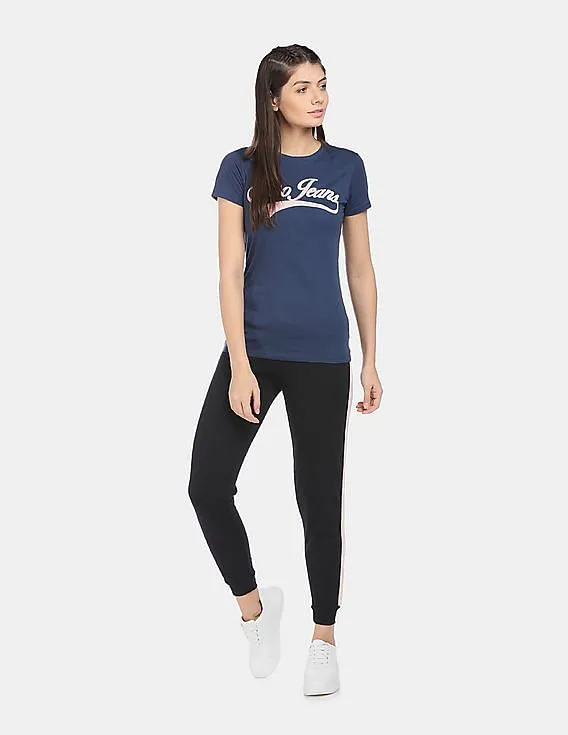 Aeropostale Women Navy Short Sleeve Brand Appliqued T-Shirt