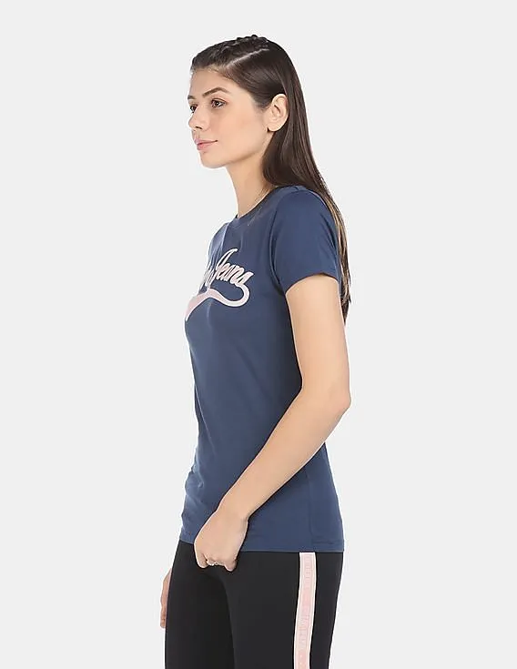 Aeropostale Women Navy Short Sleeve Brand Appliqued T-Shirt