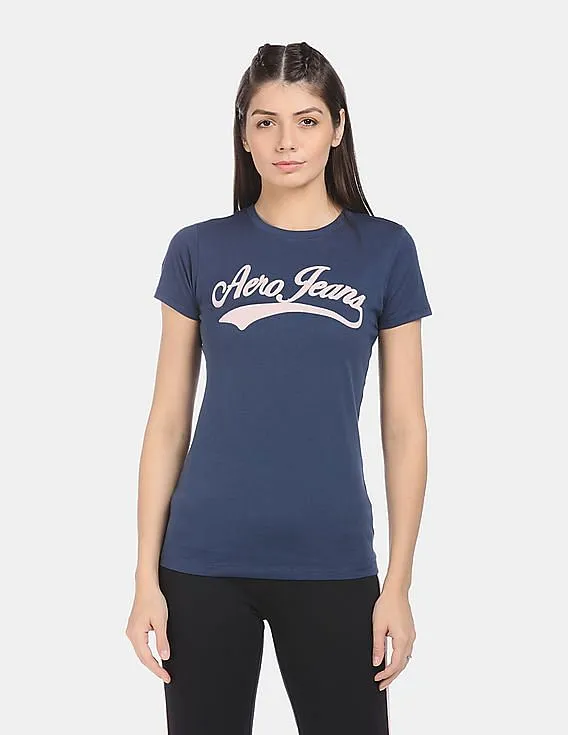 Aeropostale Women Navy Short Sleeve Brand Appliqued T-Shirt