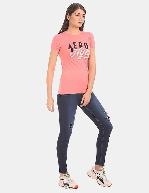 Aeropostale Women Pink Brand Applique Short Sleeve T-Shirt