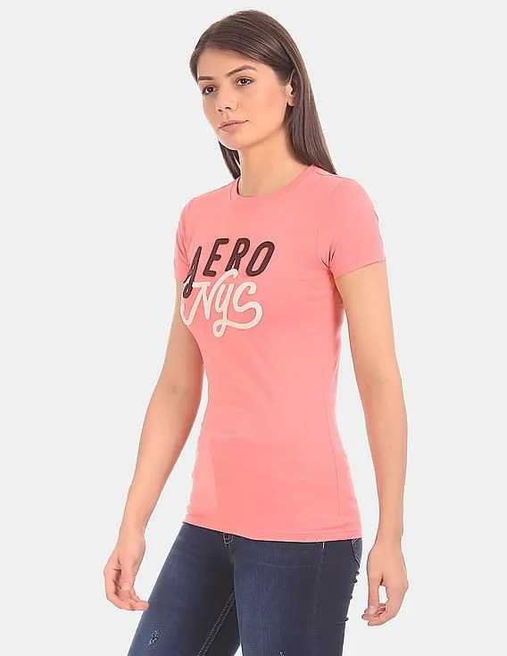 Aeropostale Women Pink Brand Applique Short Sleeve T-Shirt