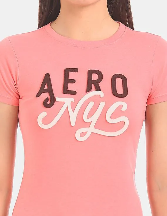 Aeropostale Women Pink Brand Applique Short Sleeve T-Shirt