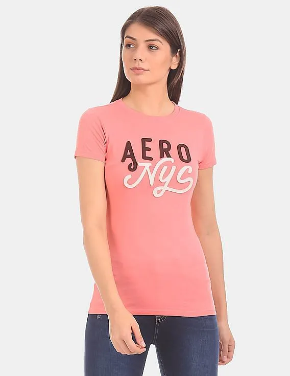 Aeropostale Women Pink Brand Applique Short Sleeve T-Shirt