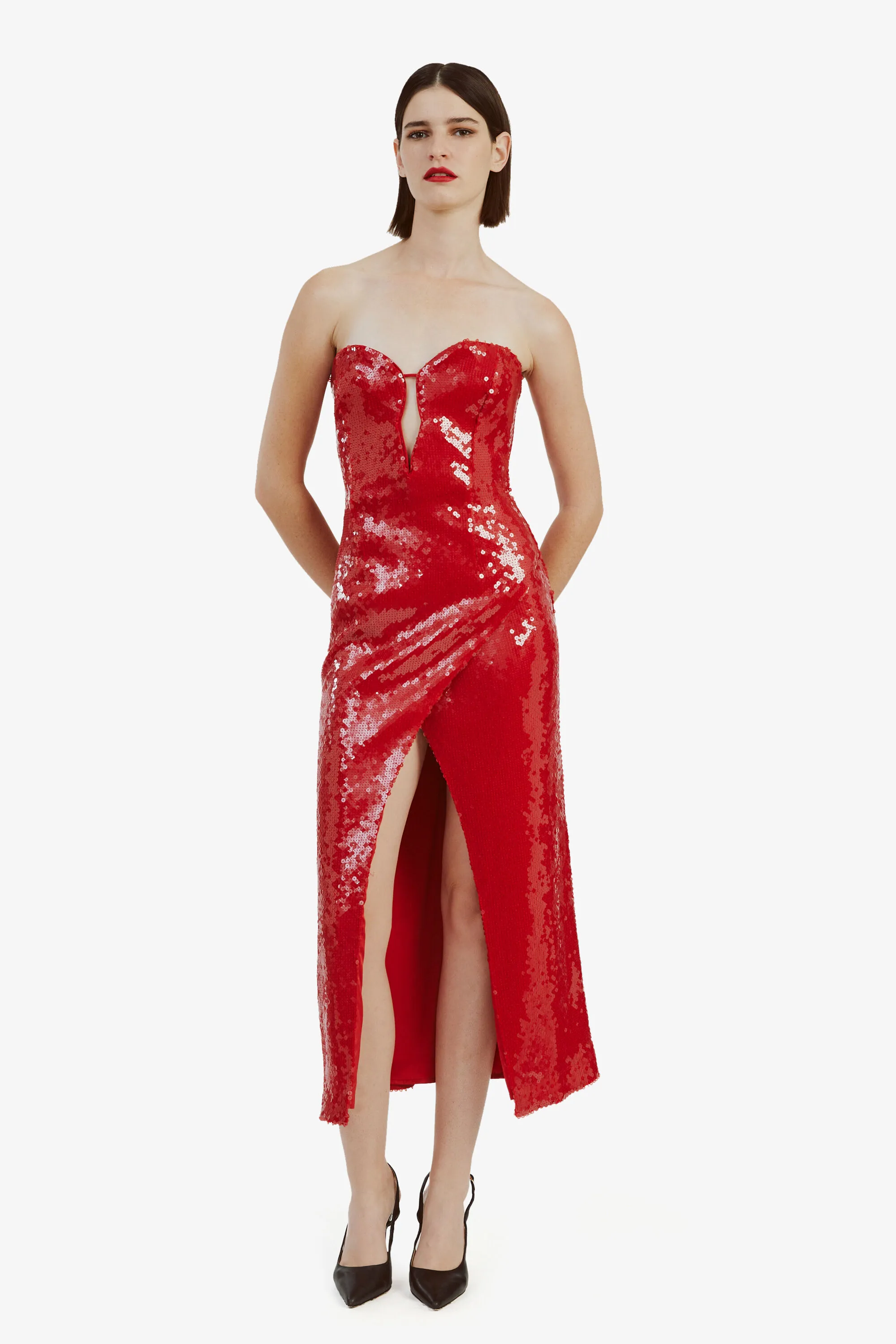 antigone sequin midi dress in deep red