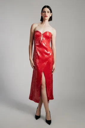 antigone sequin midi dress in deep red