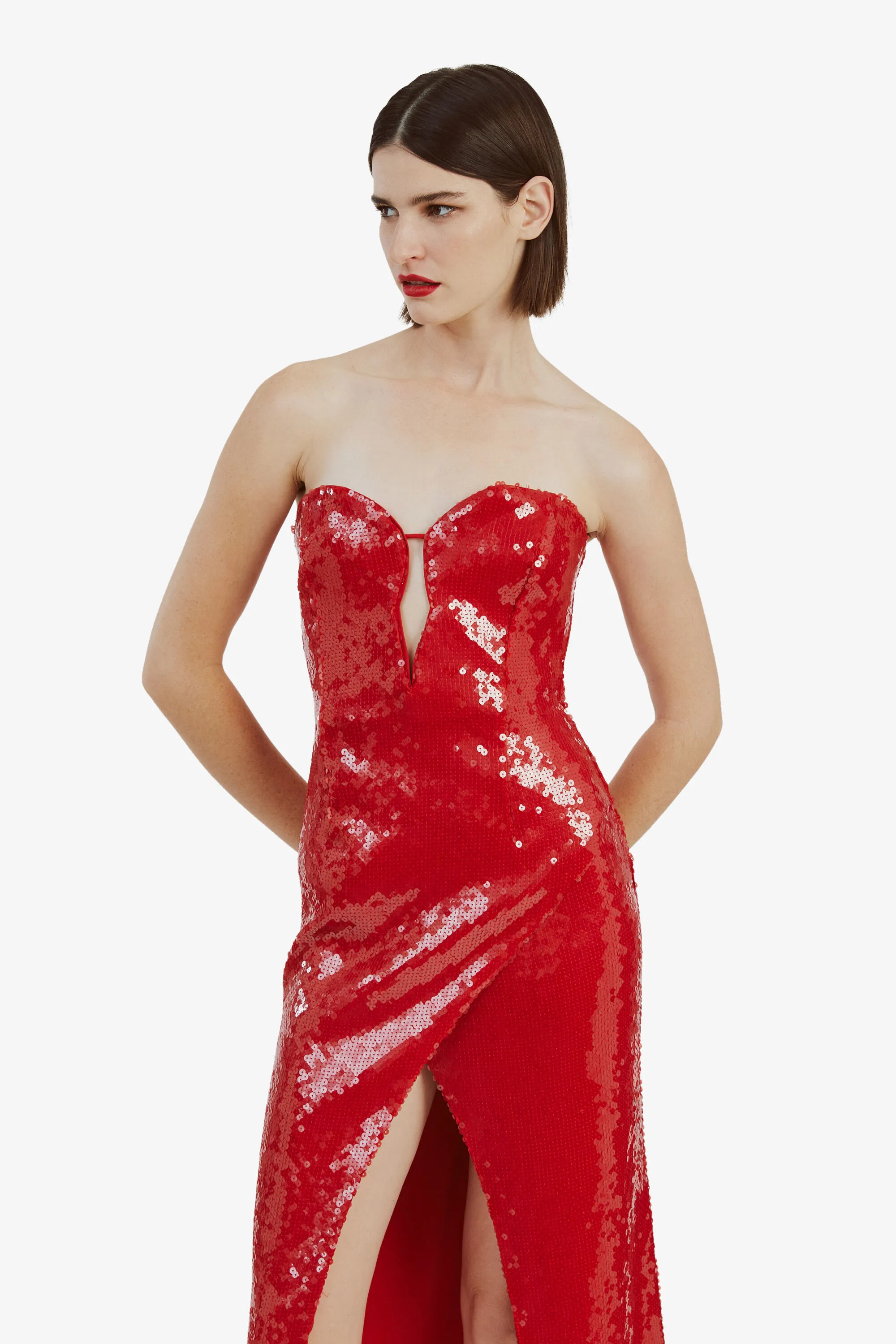 antigone sequin midi dress in deep red