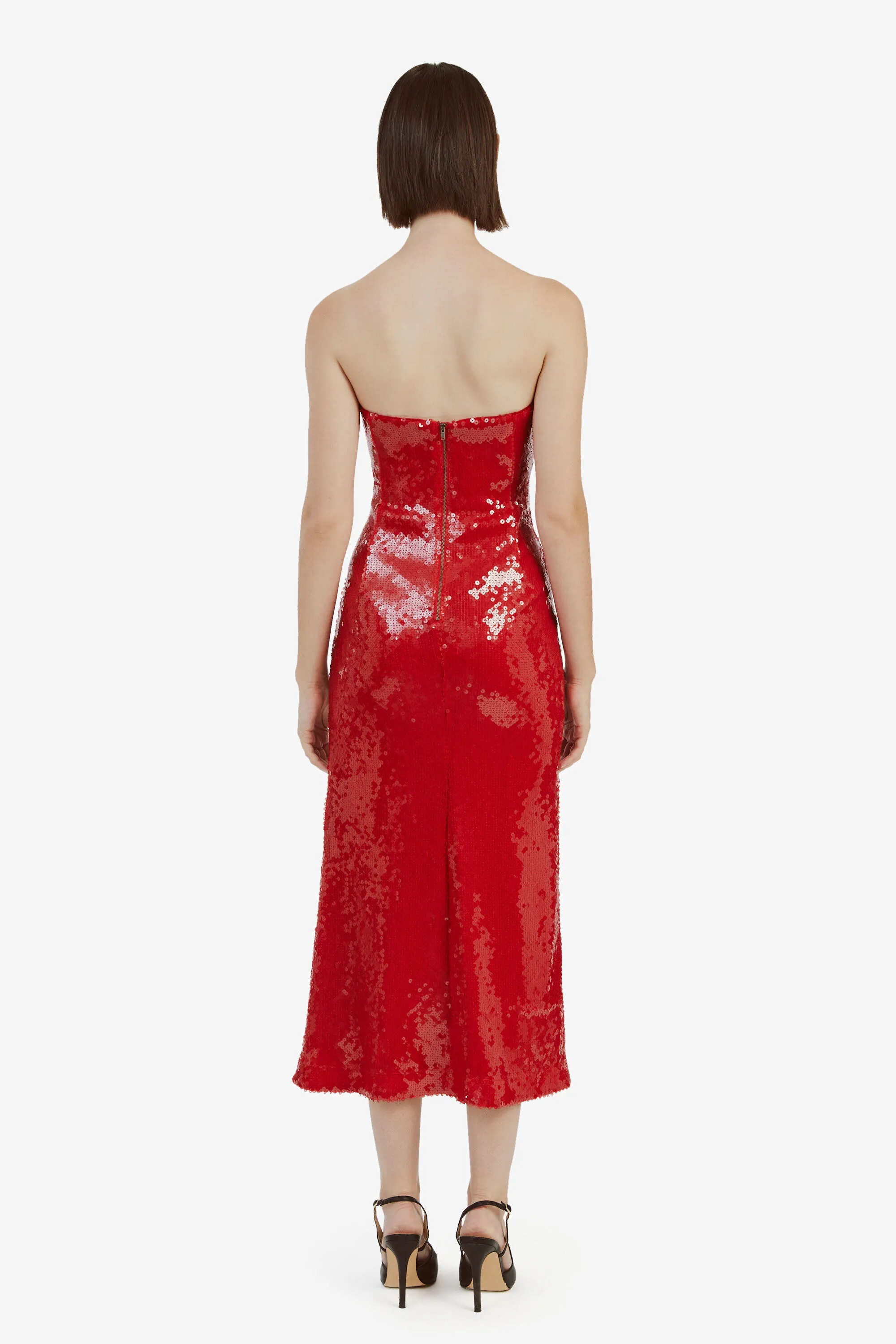 antigone sequin midi dress in deep red