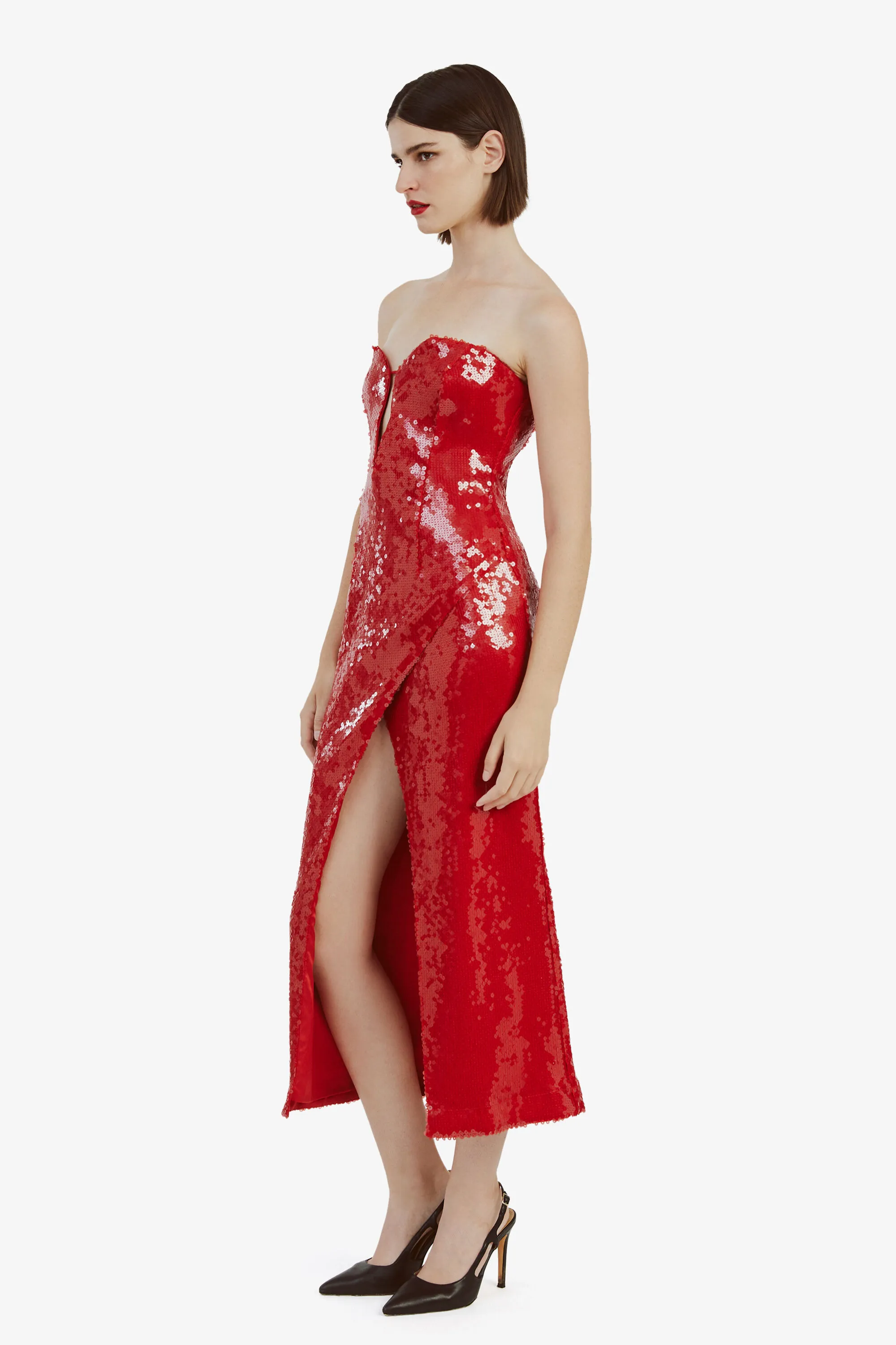 antigone sequin midi dress in deep red