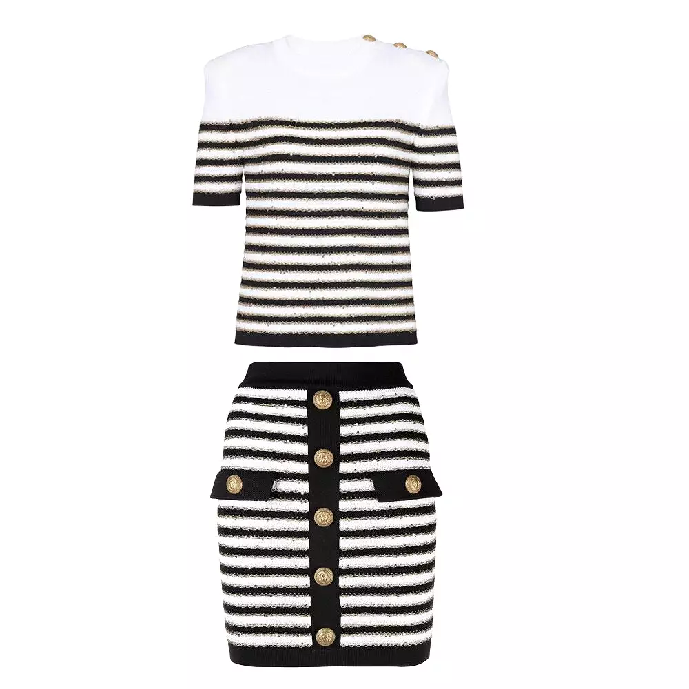 Ashore Boutique Lt Luxury Stylish O-neck Casual Short Sleeve Striped Gold Thread Knitted Sweater Skinny 2PCS Skirt Sets