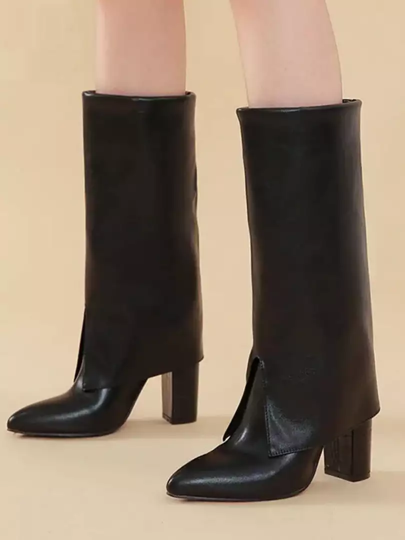 Ashore Shop New Chunky Heel Pointed Toe Women Long Knee High Boots Black Winter Shoes Female Chelsea Booties Size 35-42