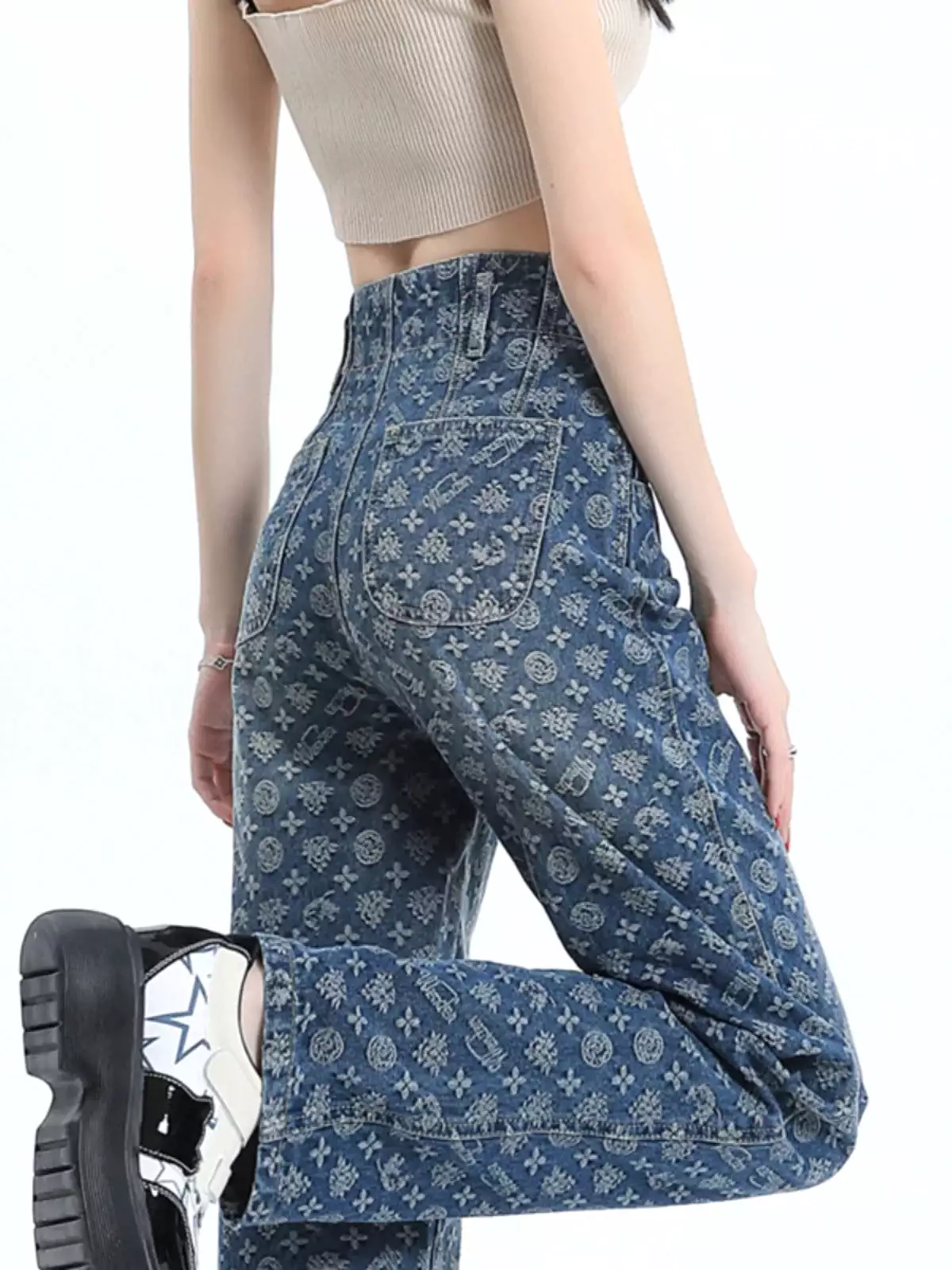 Autumn printed wide-leg jeans for women 2023 new design niche retro high-waisted straight floor-length trousers