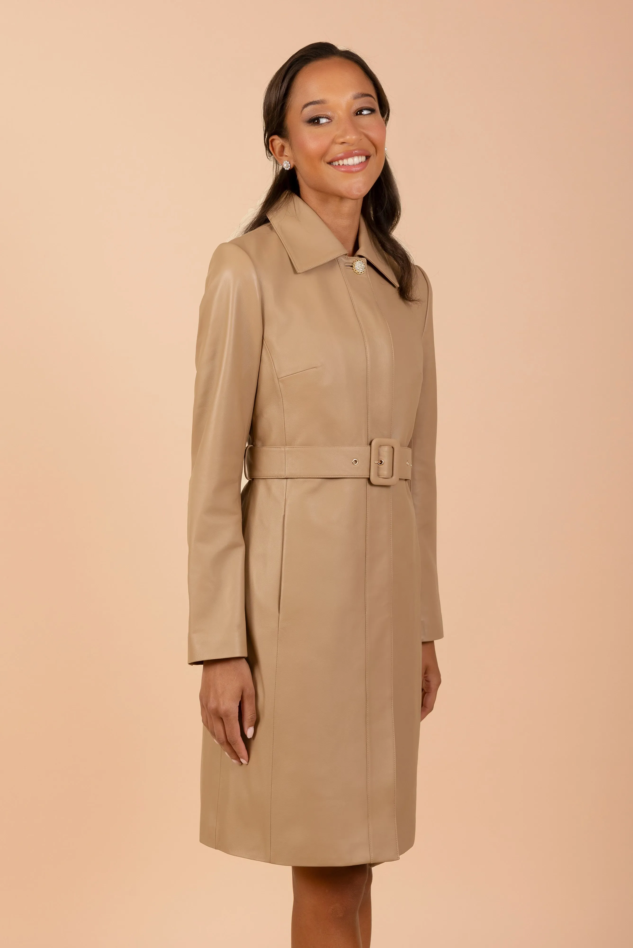 'Bellucci' Belted Leather Coat in Cammello