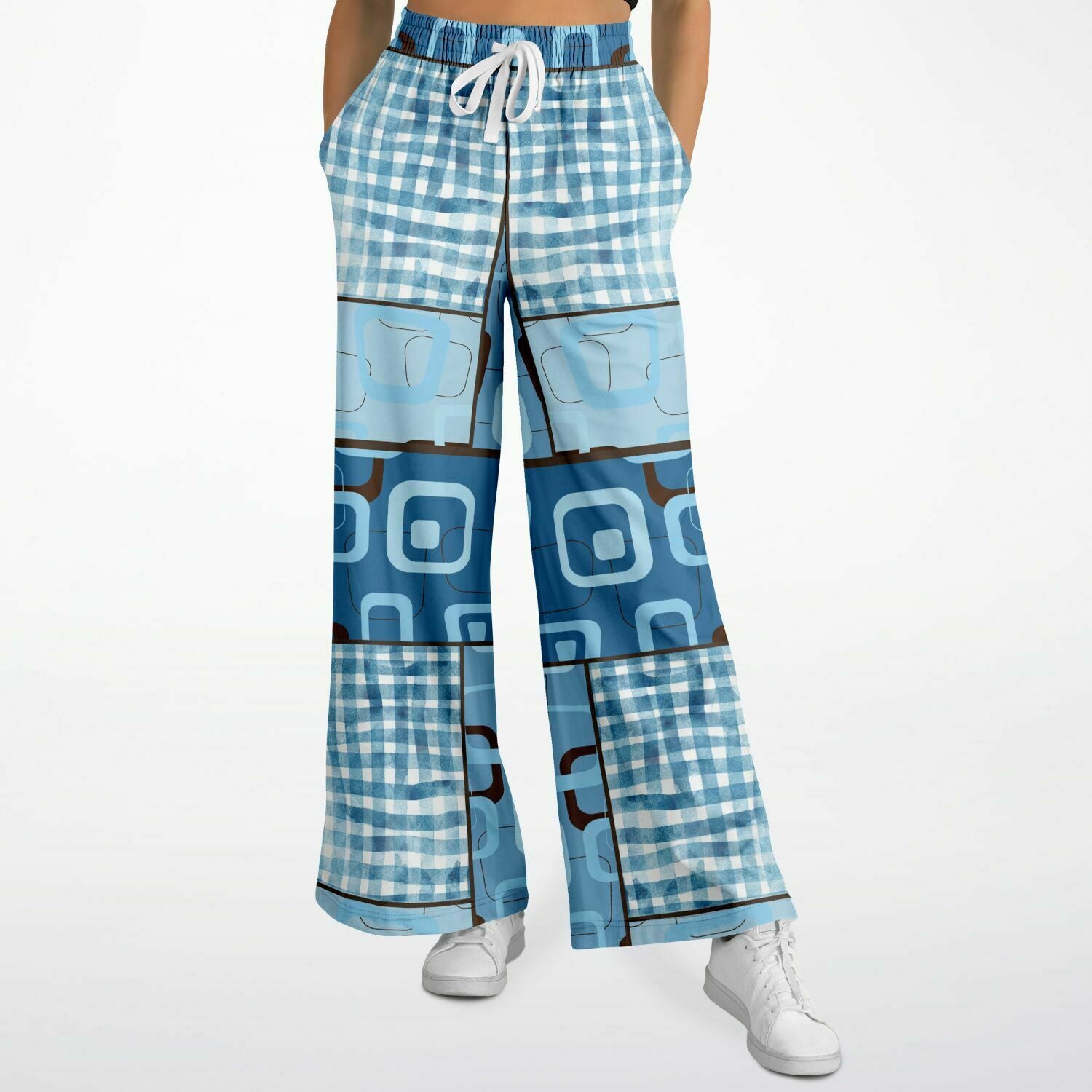 Blue Geo Patchwork Eco-Poly Stretchy Phat Bellbottoms