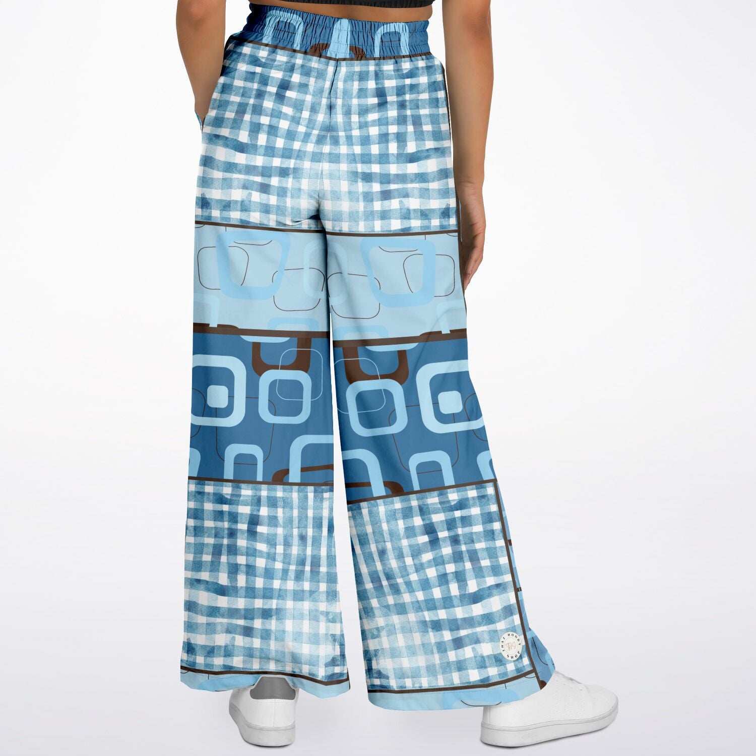 Blue Geo Patchwork Eco-Poly Stretchy Phat Bellbottoms