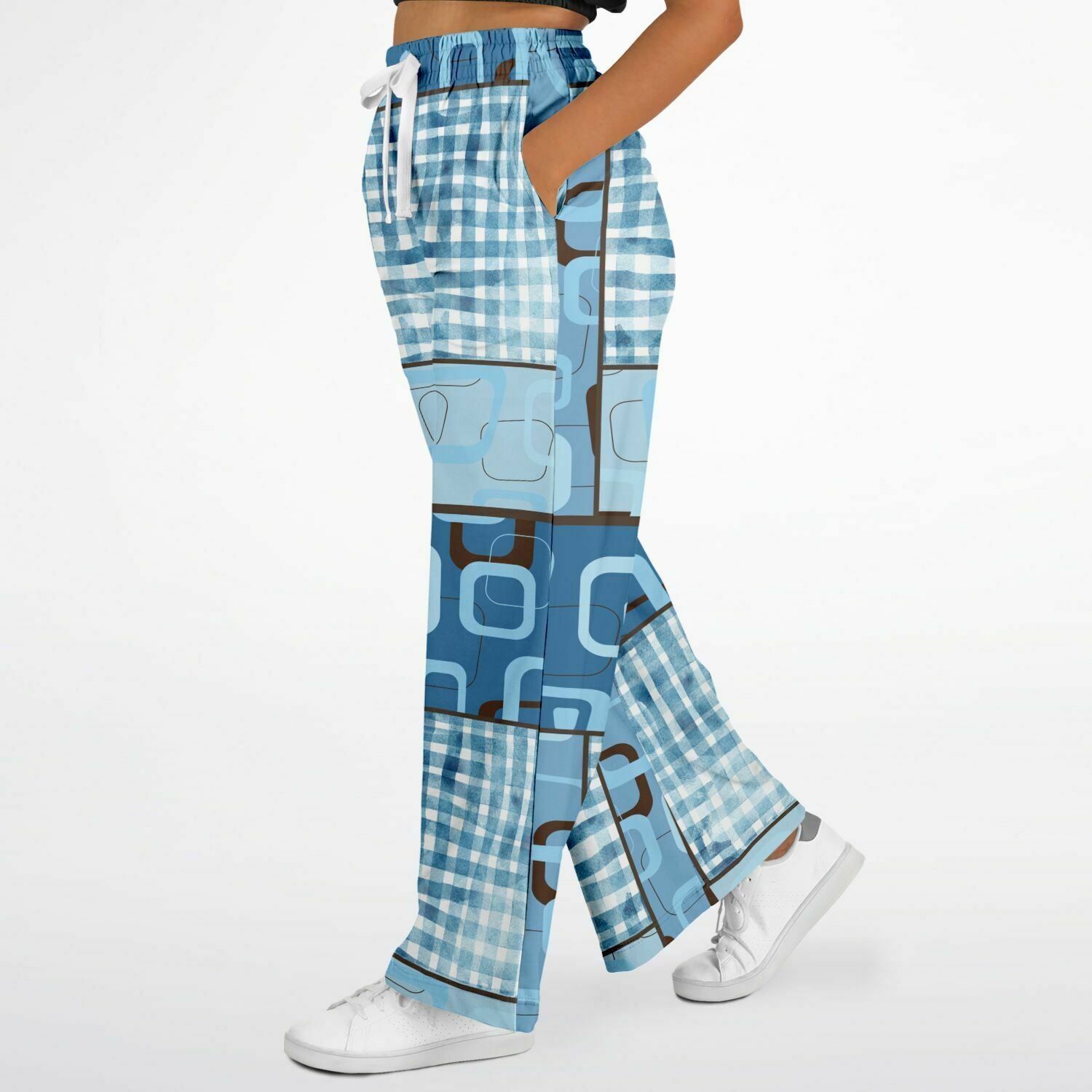 Blue Geo Patchwork Eco-Poly Stretchy Phat Bellbottoms