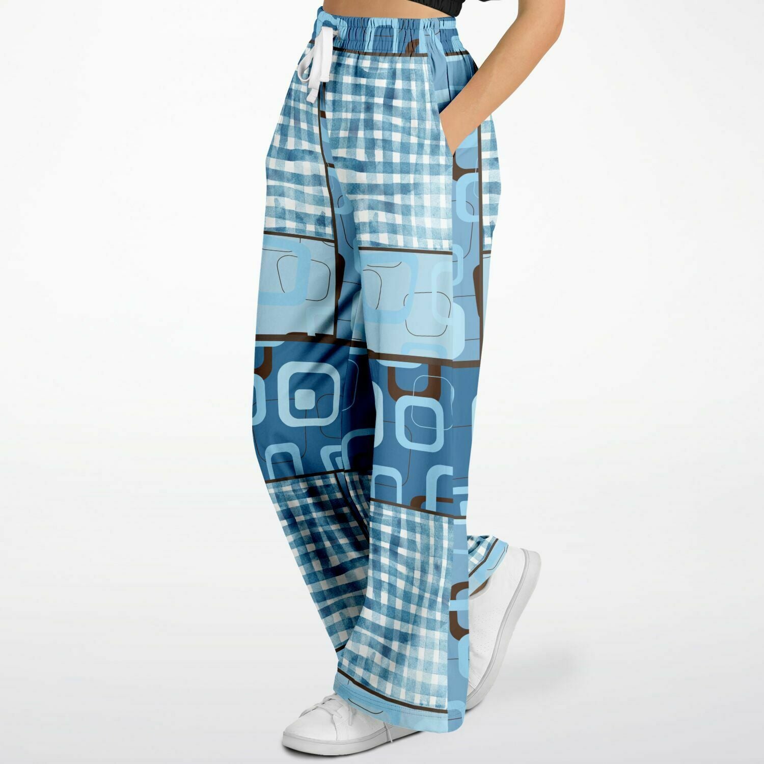 Blue Geo Patchwork Eco-Poly Stretchy Phat Bellbottoms