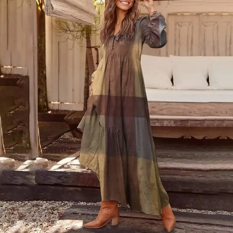 Bohemian Shirt Dress Women's Maxi Elegant Casual V Neck Ruffled