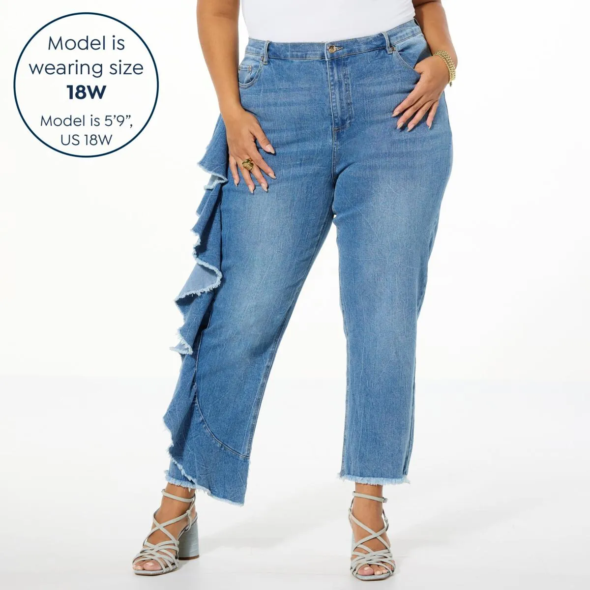      C Wonder Runway Collection Denim Straight Leg Ruffle Jean     