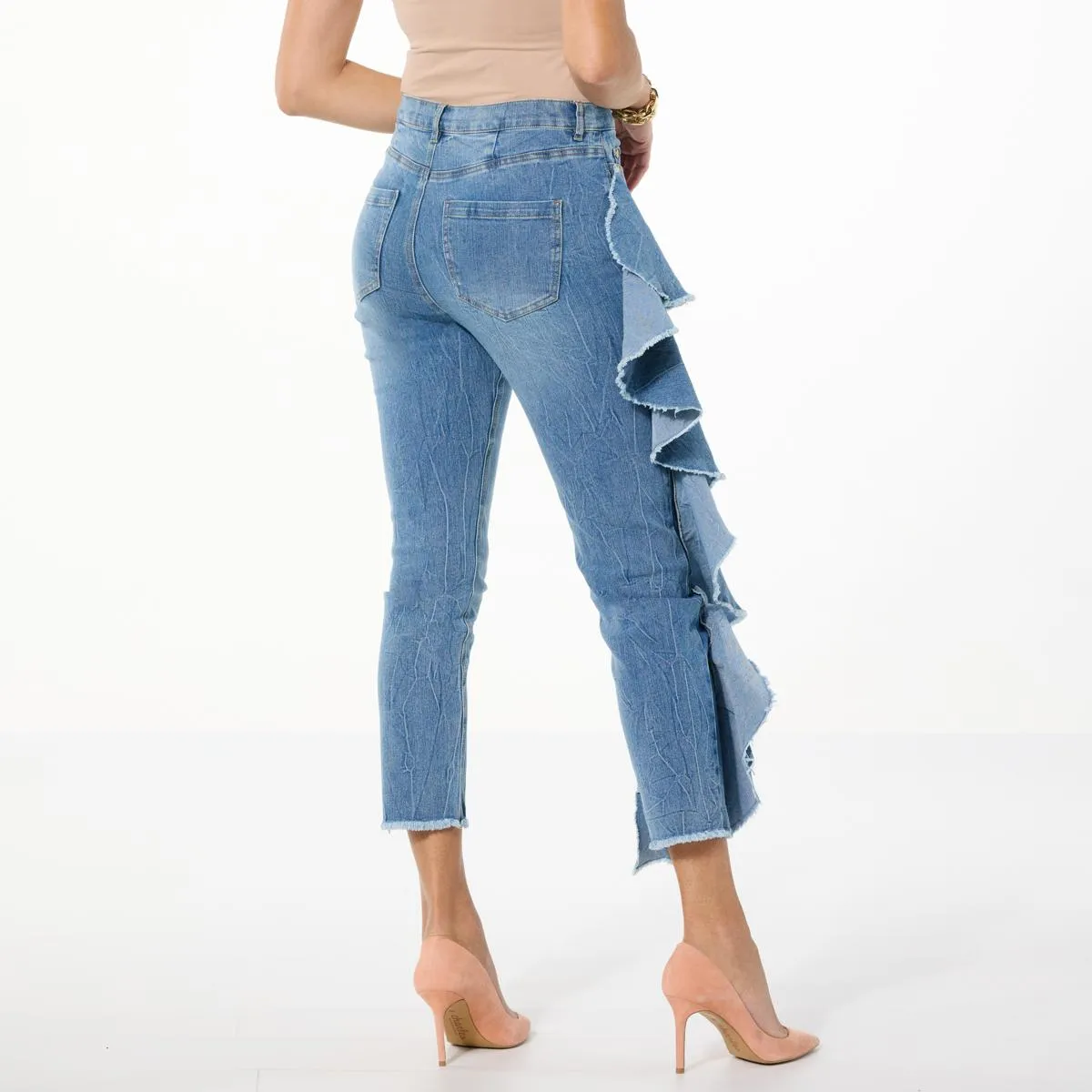      C Wonder Runway Collection Denim Straight Leg Ruffle Jean     