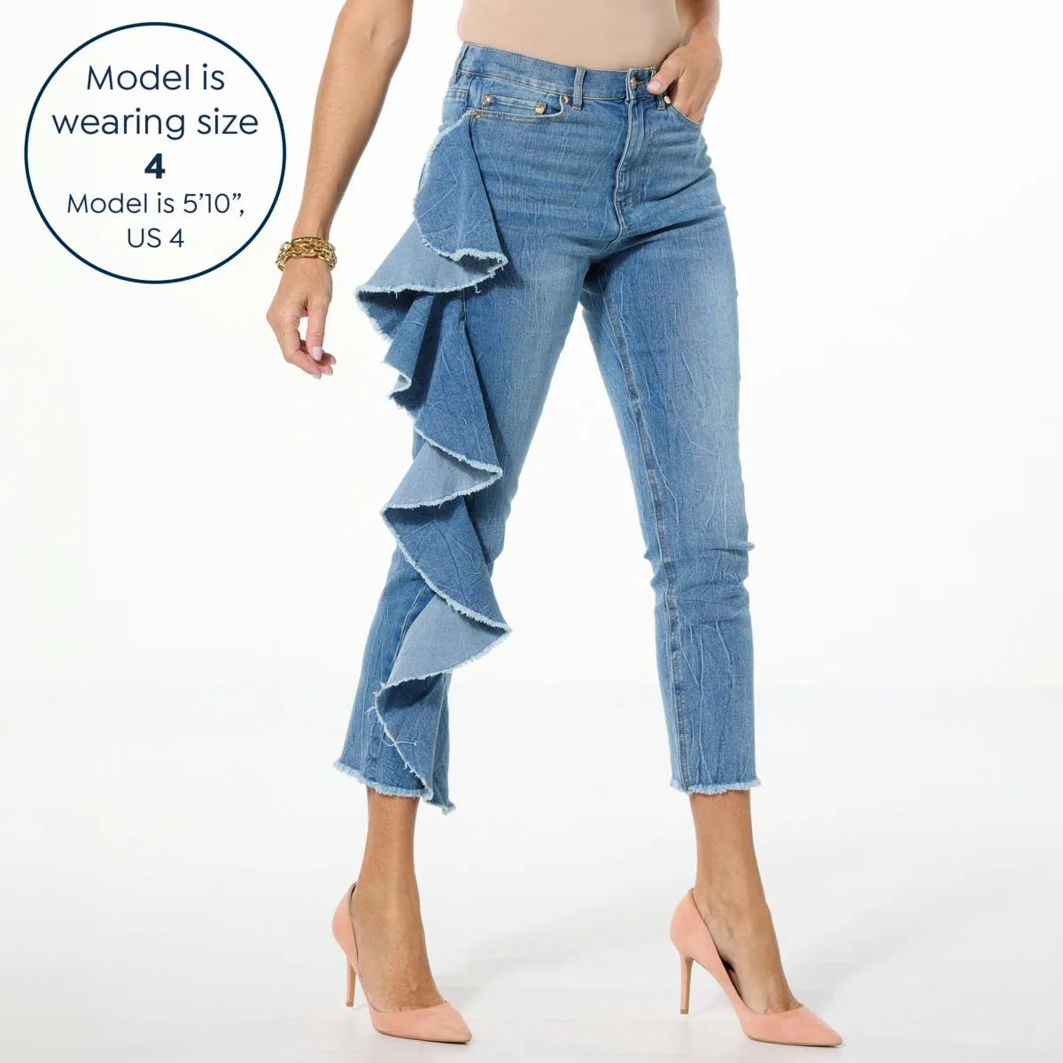      C Wonder Runway Collection Denim Straight Leg Ruffle Jean     