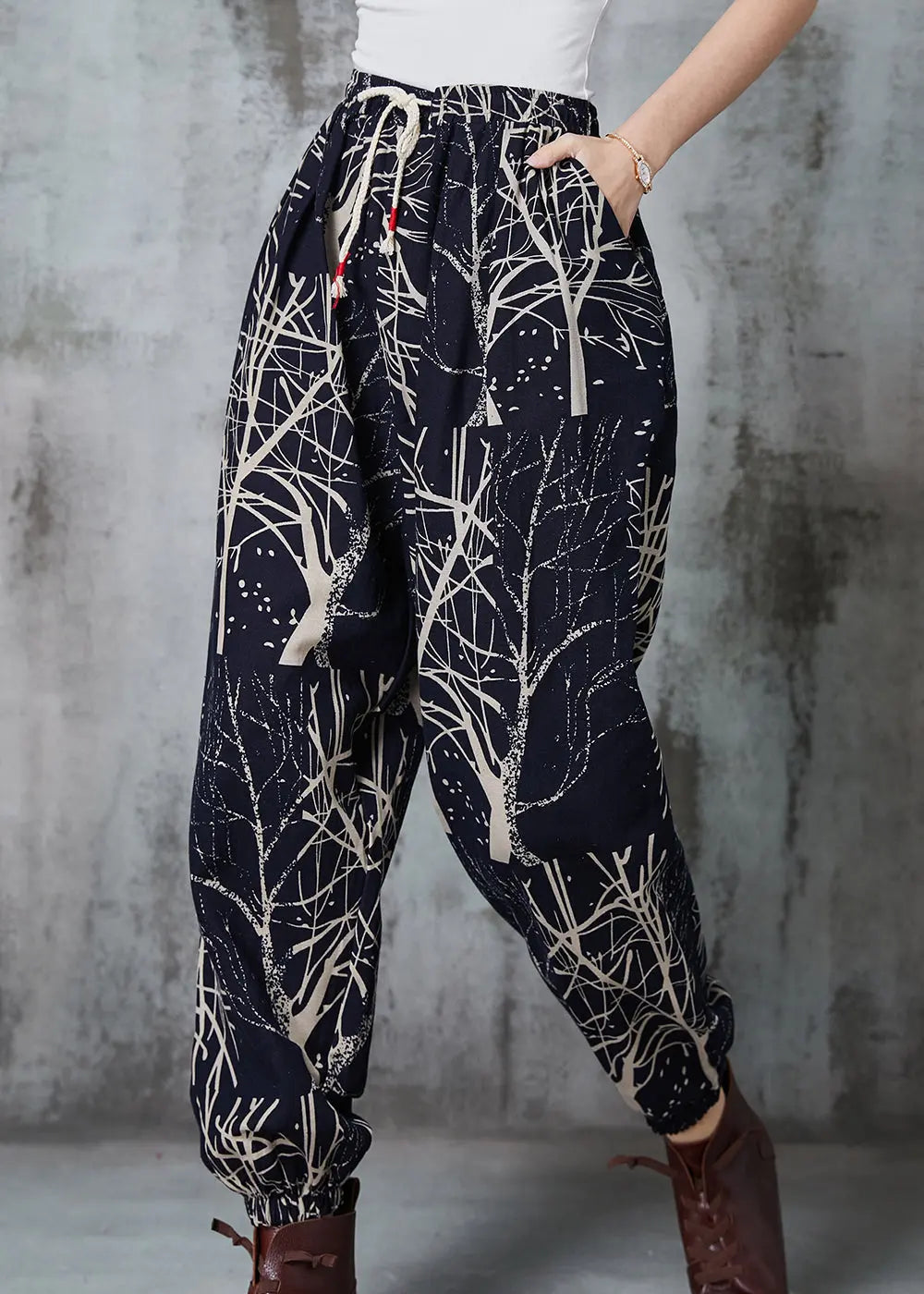 Casual Black Oversized Print Cotton Harem Pants Spring JK1044