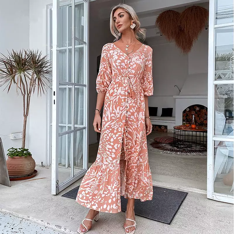 Casual printed spring women Maxi dress High-waist V-neck lace-up beach Vestidos Fashion loose buttoned A-line dress 2021