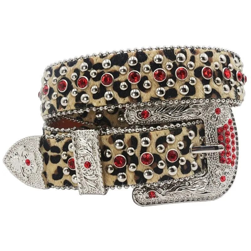 Casual Women's Leopard Crystal Diamond Rhinestones Pin Buckle Belt