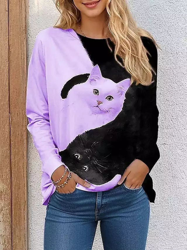 Cat 3D Long Sleeve Women's Tee in Black, Pink, and Blue