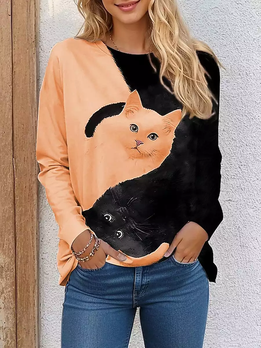 Cat 3D Long Sleeve Women's Tee in Black, Pink, and Blue