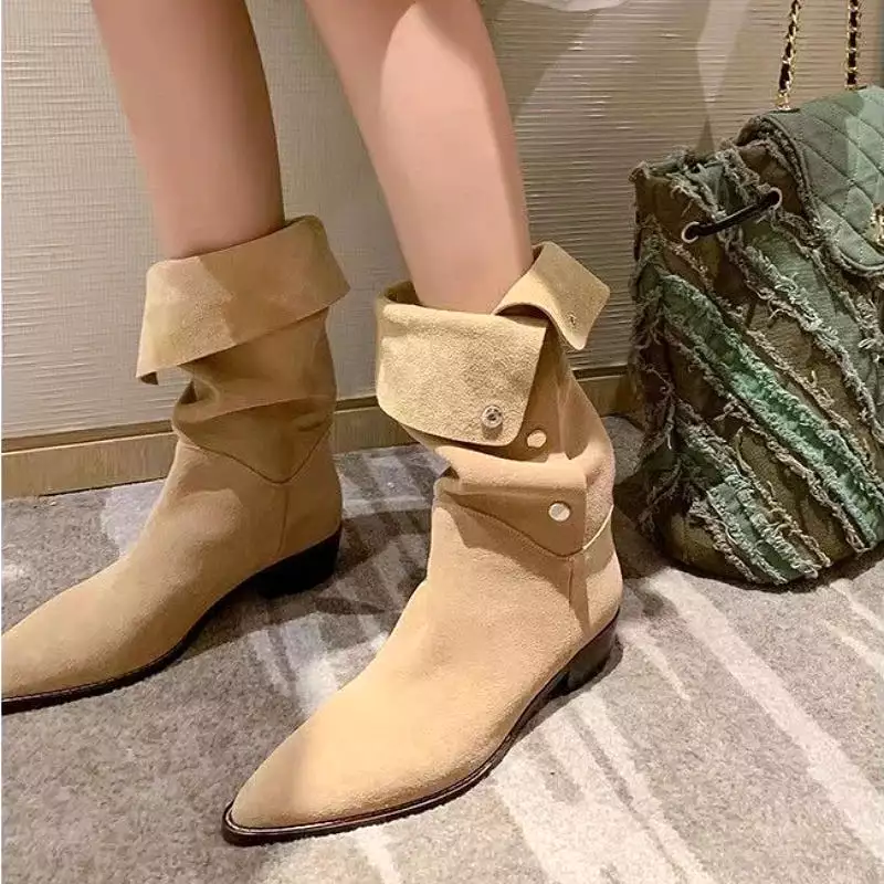 Classic Western Cowboy Boots for Women 2023 New Suede Pointed Toe Low-heeled Women's Mid Calf Boots Foldable Casual Boots Female