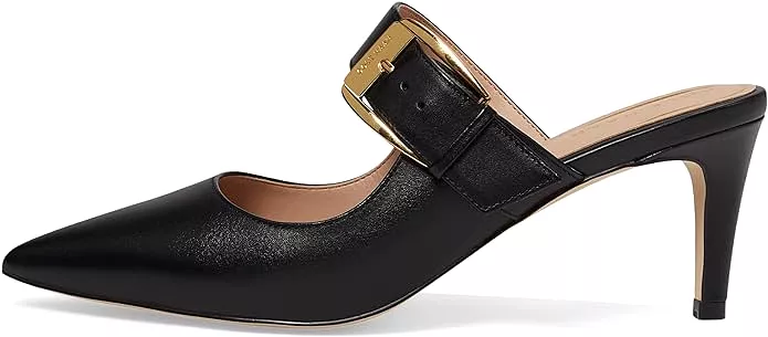 Cole Haan Vandam Buckle Black Leather Pointed Toe Kitten Heeled Dress Pumps