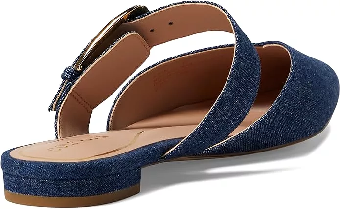 Cole Haan Vandam Buckle Denim Leather Pointed Toe Slip On Flat Classic Mules