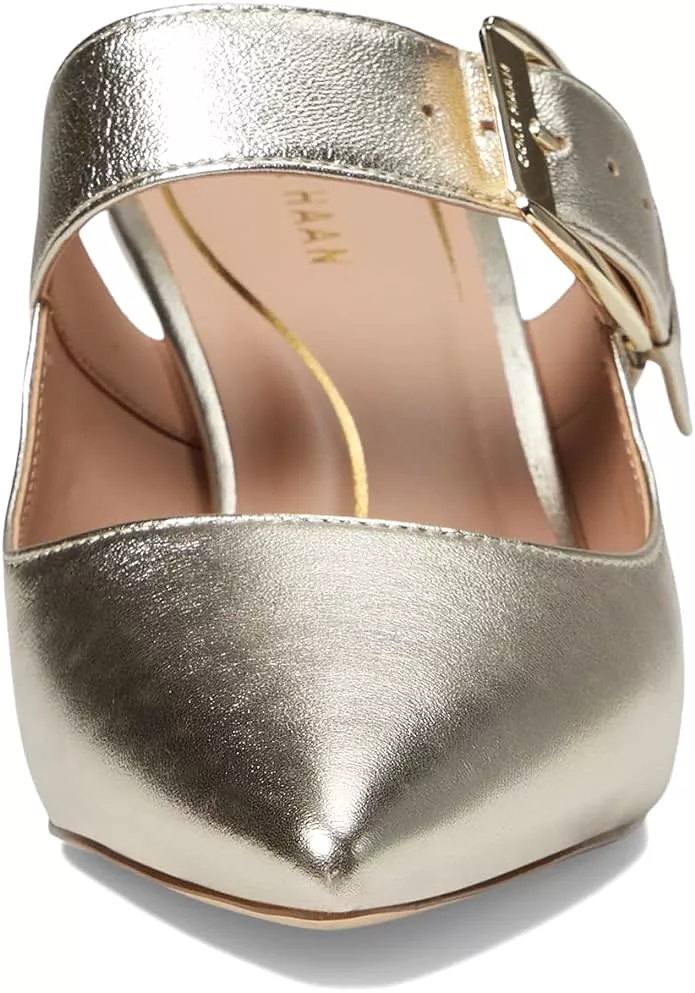 Cole Haan Vandam Buckle Gold Leather Pointed Toe Kitten Heeled Dress Pumps