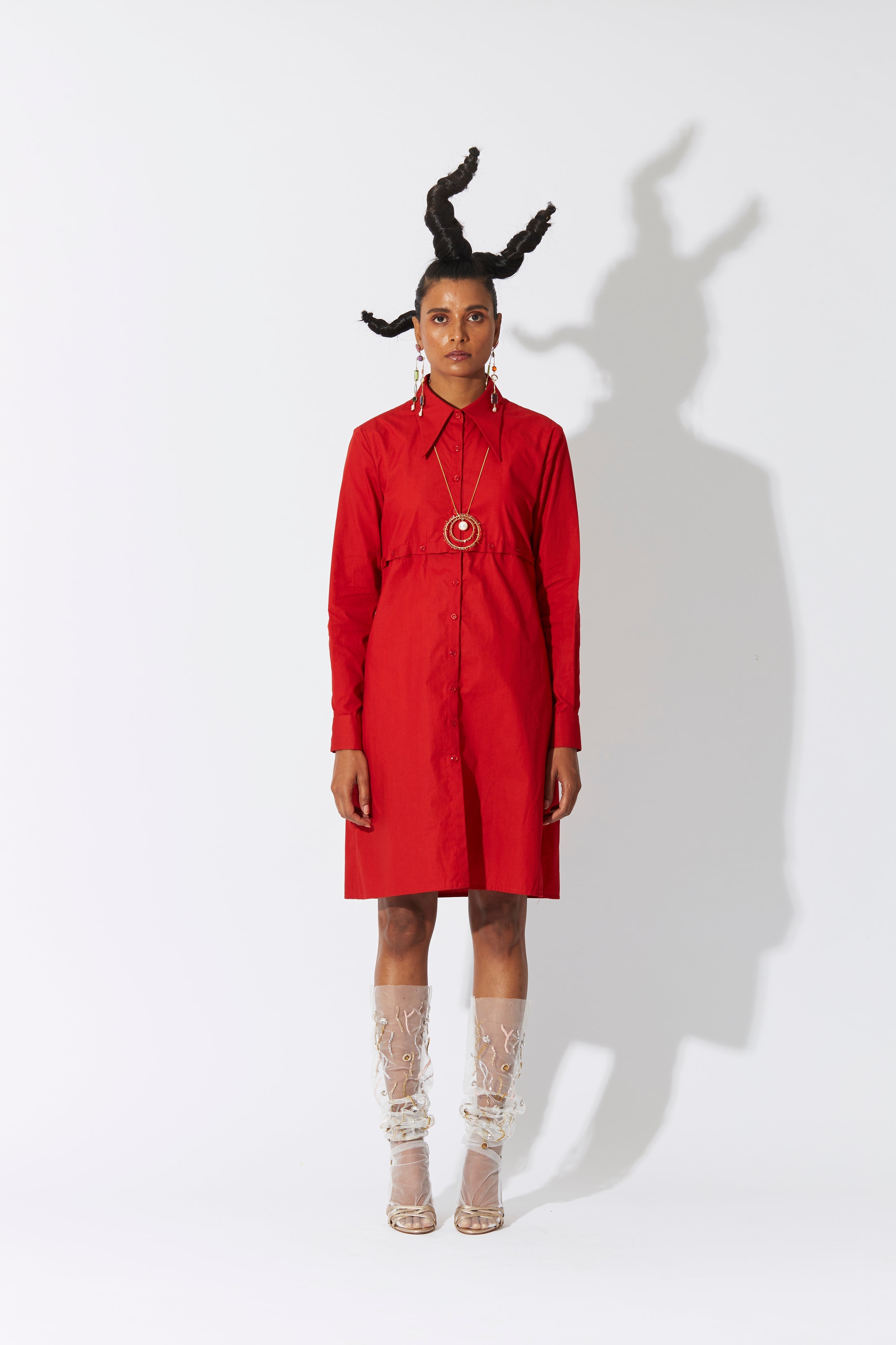 Cross Placket Shirt Dress Red