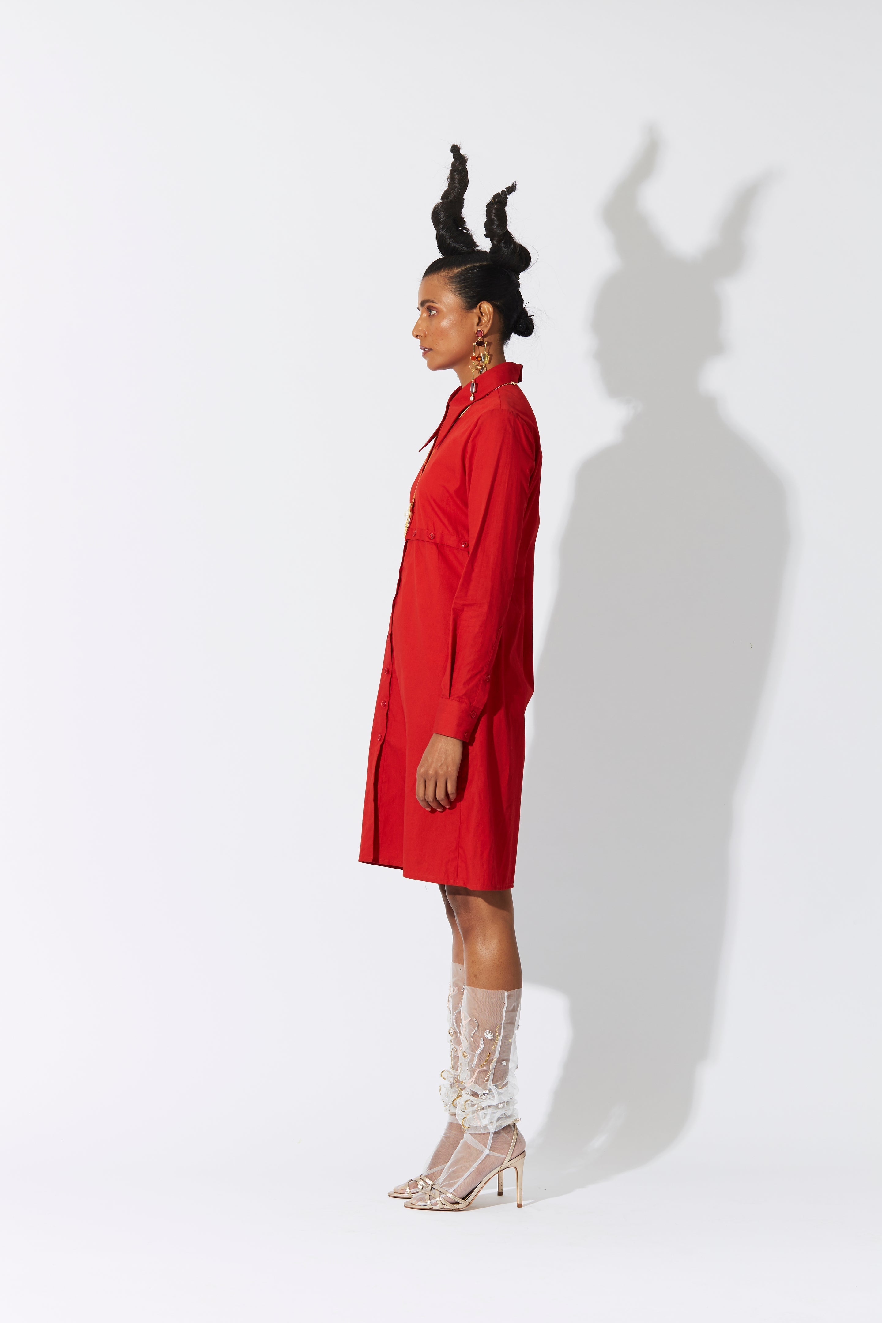 Cross Placket Shirt Dress Red