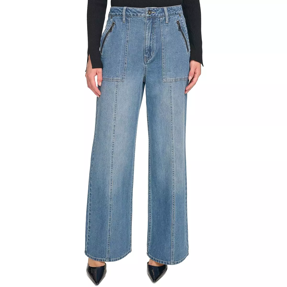 DKNY Jeans Womens High Rise Pintuck Wide Leg Jeans