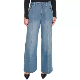 DKNY Jeans Womens High Rise Pintuck Wide Leg Jeans