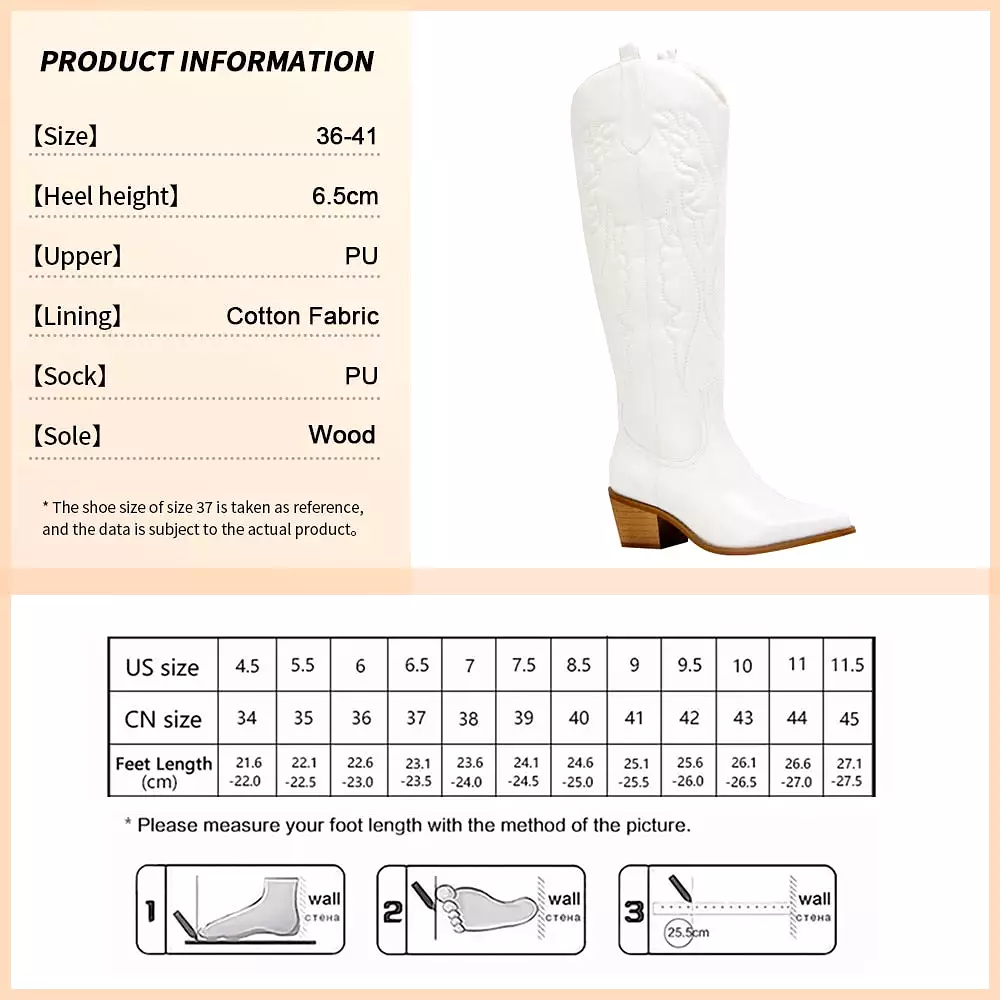 Embroidered Cowboy Boots for Women Knee High Midium Chunky Heel Pointed Toe Retro Classic Western Cowgirl Boots