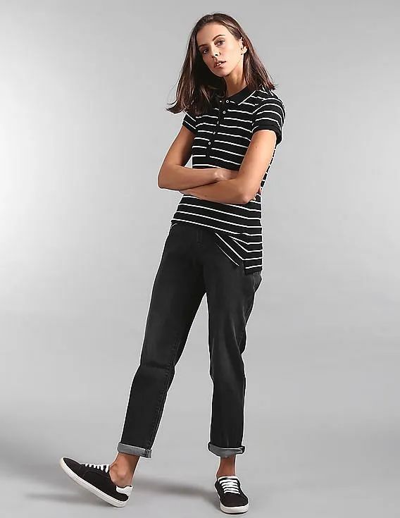 GAP Women Black Short Sleeve Striped Polo Shirt