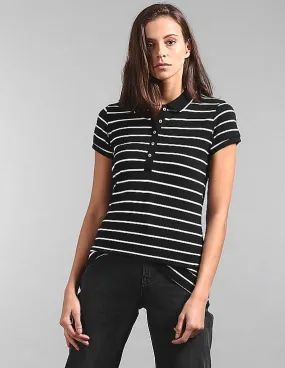 GAP Women Black Short Sleeve Striped Polo Shirt