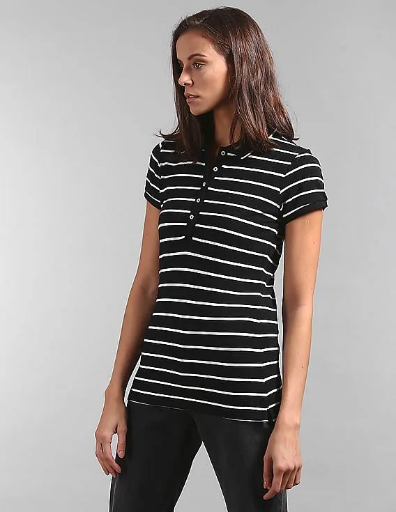 GAP Women Black Short Sleeve Striped Polo Shirt