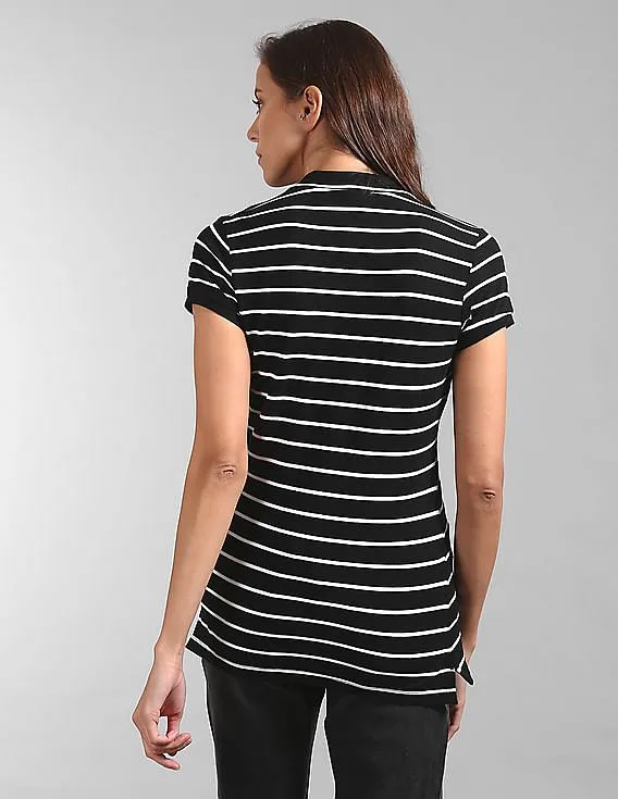 GAP Women Black Short Sleeve Striped Polo Shirt