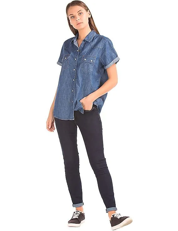 GAP Women Blue 1969 Denim Short Sleeve Western Shirt